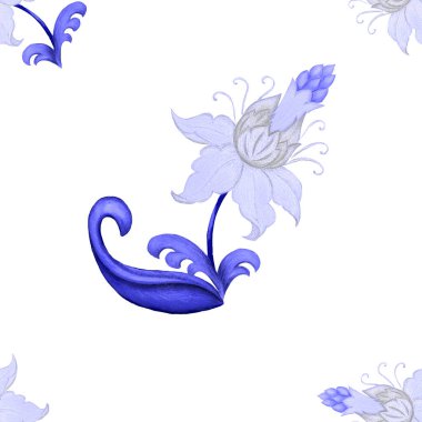 Etnik Asya desenlerine dayanan biçimlendirilmiş çiçeklerle kusursuz bir desen. Tek renkli olsun. Botanik yaz baskısı. Renkli kalemlerle çizilmiş bir el..