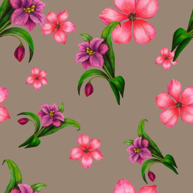 Şekillendirilmiş çiçekli, kusursuz bir desen. Botanik yaz baskısı. Renkli kalemlerle çizilmiş bir el..