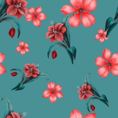 Şekillendirilmiş çiçekli, kusursuz bir desen. Botanik yaz baskısı. Renkli kalemlerle çizilmiş bir el..