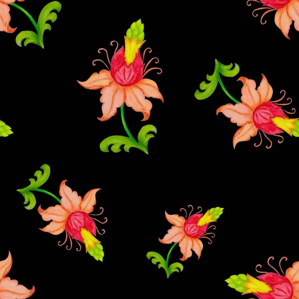 Krásný Bezešvý Vzor Stylizovanými Květy Černé Ozdobné Pozadí Základě Etnických — Stock fotografie