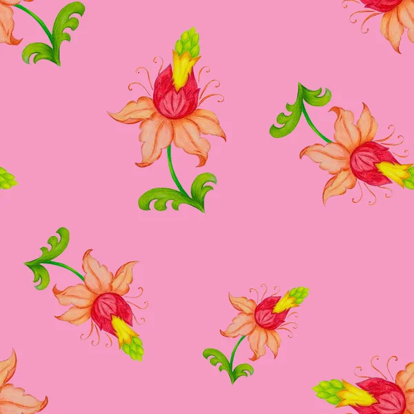 Beautiful Seamless Pattern Stylized Flowers Botanical Summer Print Hand Drawn — Stock Photo, Image