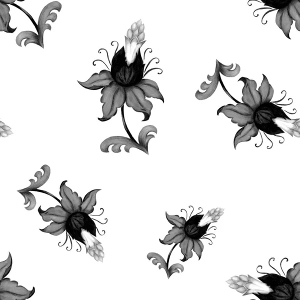Beautiful Seamless Pattern Stylized Flowers Based Ethnic Asian Patterns Monochrome — Stock Photo, Image