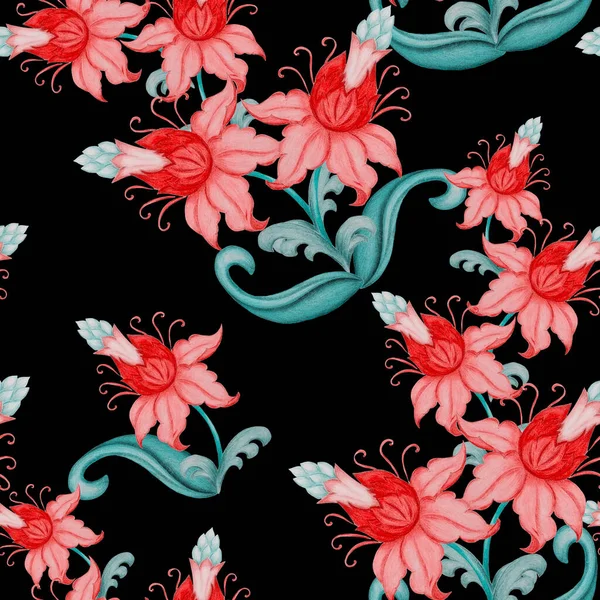 Piękny Bezszwowy Wzór Stylizowanymi Kwiatami Czarno Ozdobne Tło Oparte Etnicznych — Zdjęcie stockowe