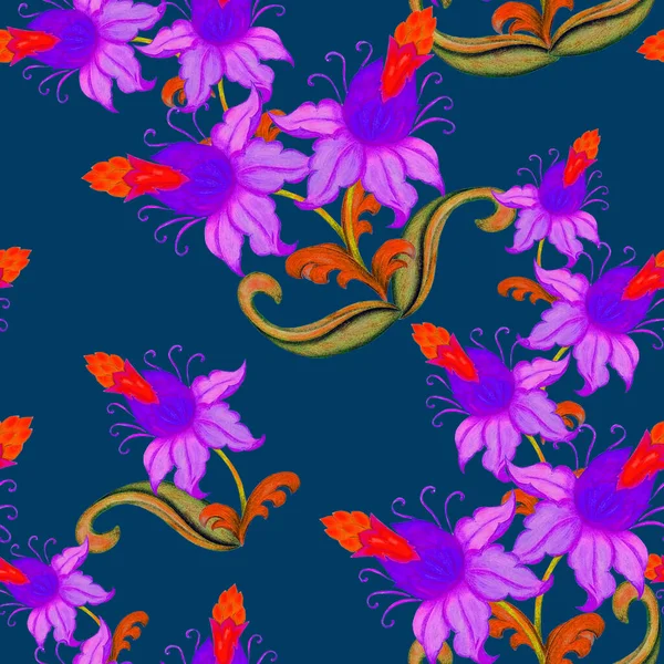 様式化された花と美しいシームレスなパターン 植物夏プリント 色鉛筆で手描き — ストック写真