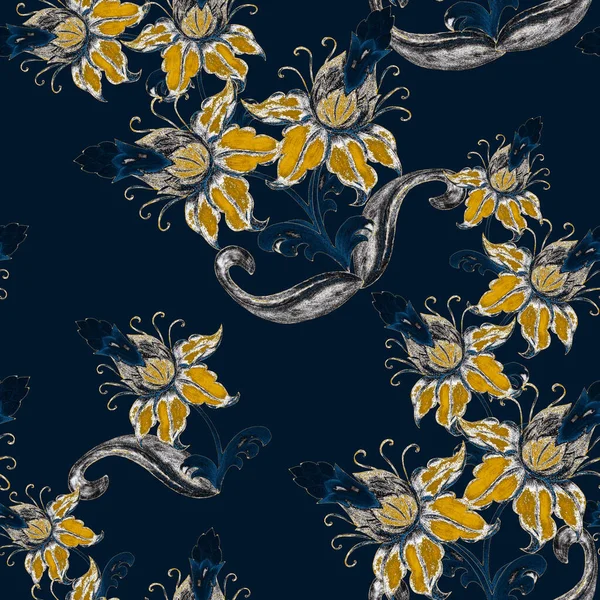 Beautiful Seamless Pattern Stylized Golden Flowers Ornamental Background Based Ethnic — Stock Photo, Image