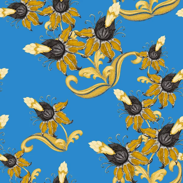Piękny Bezszwowy Wzór Stylizowanymi Złotymi Kwiatami Ozdobne Tło Oparte Etnicznych — Zdjęcie stockowe