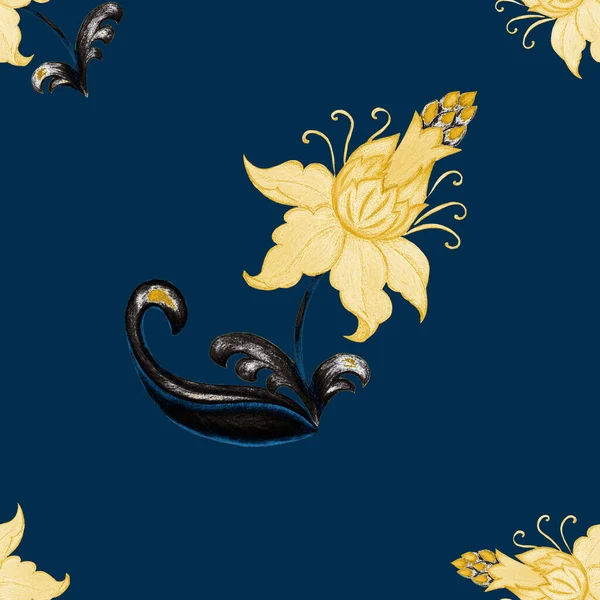 Beautiful Seamless Pattern Stylized Golden Flowers Ornamental Background Based Ethnic — Stock Photo, Image