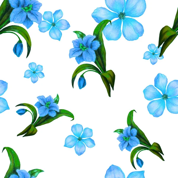 Gyönyörű Zökkenőmentes Minta Stilizált Virágokkal Botanikus Nyári Nyomat Színes Ceruzával — Stock Fotó