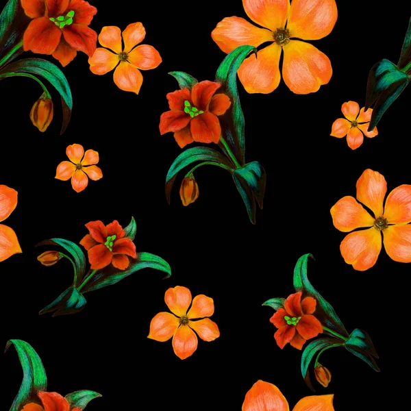 黒で様式化された花と美しいシームレスなパターン 民族的アジアのパターンに基づく装飾的背景 色鉛筆で手描き — ストック写真