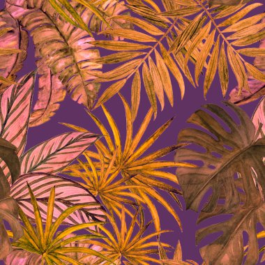 Hawaii 'de tropikal yapraklı, suluboya desenli. Egzotik yaz baskısı. El çizimi illüstrasyon.