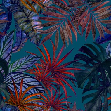 Hawaii 'de tropikal yapraklı, suluboya desenli. Egzotik yaz baskısı. El çizimi illüstrasyon.