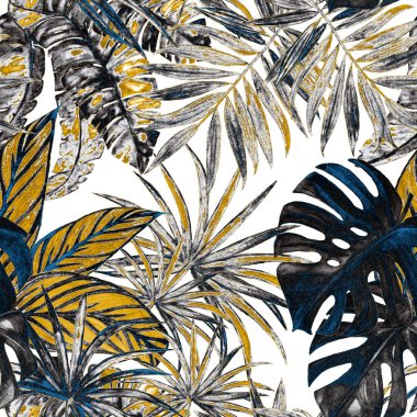 Hawaii 'de tropikal yapraklı, suluboya desenli. Egzotik yaz baskısı. El çizimi illüstrasyon.