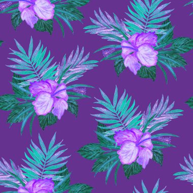 Hawaii çiçeksiz desenli suluboya tropikal yapraklar ve çiçekler. Egzotik amber çiçeği. Tropik yaz baskısı.