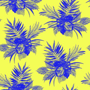 Hawaii çiçeksiz desenli suluboya tropikal yapraklar ve çiçekler. Egzotik amber çiçeği. Tropik yaz baskısı.