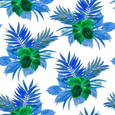 Hawaii çiçeksiz desenli suluboya tropikal yapraklar ve çiçekler. Egzotik amber çiçeği. Tropik yaz baskısı.