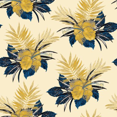 Hawaii çiçeklerinin dikişsiz altın desenli suluboya tropikal yapraklar ve çiçekler. Egzotik amber dalı. Tropik yaz baskısı.