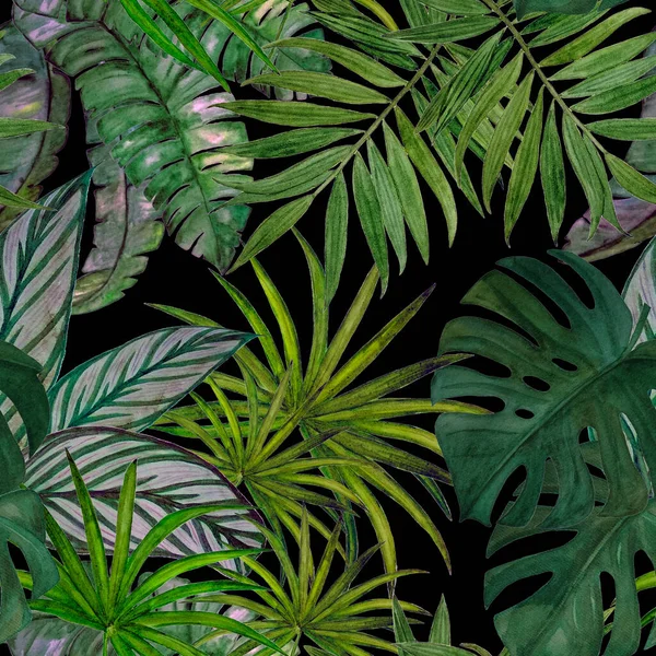Hawaiian seamless pattern with watercolor tropical leaves. Exotic summer print. Hand drawn illustration.