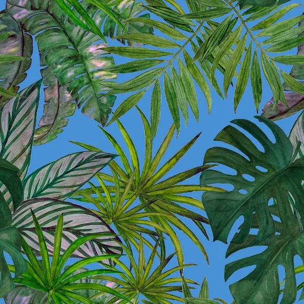 Hawaiian Sömlöst Mönster Med Akvarell Tropiska Blad Exotiskt Sommartryck Handritad — Stockfoto