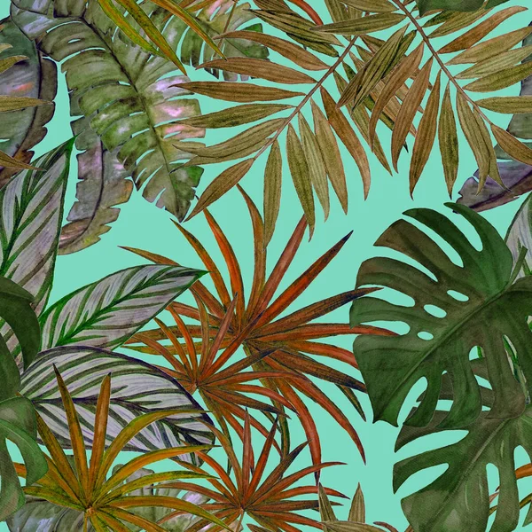 Hawaiiaanse Naadloze Patroon Met Aquarel Tropische Bladeren Exotische Zomerprint Handgetekende — Stockfoto
