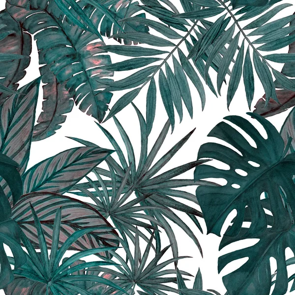 夏威夷无缝图案 水彩斑斓的热带树叶 异国情调的夏季印刷品手绘插图 — 图库照片