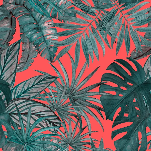 水彩の熱帯の葉とハワイのシームレスなパターン エキゾチックな夏のプリント 手描きイラスト — ストック写真