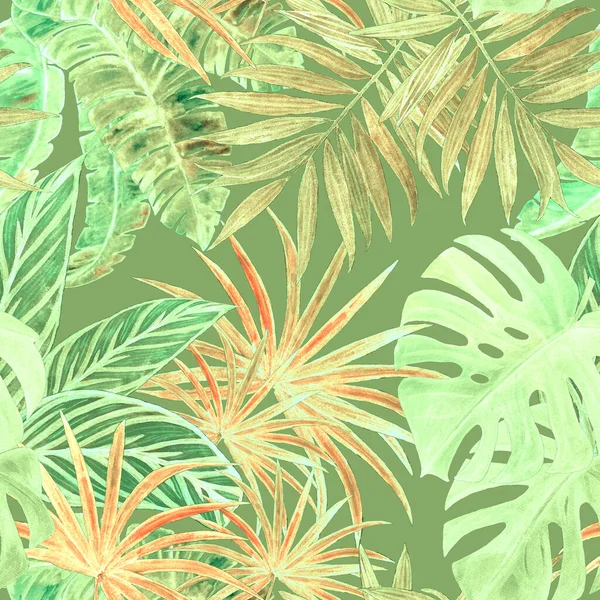 Hawaiian seamless pattern with watercolor tropical leaves. Exotic summer print. Hand drawn illustration.