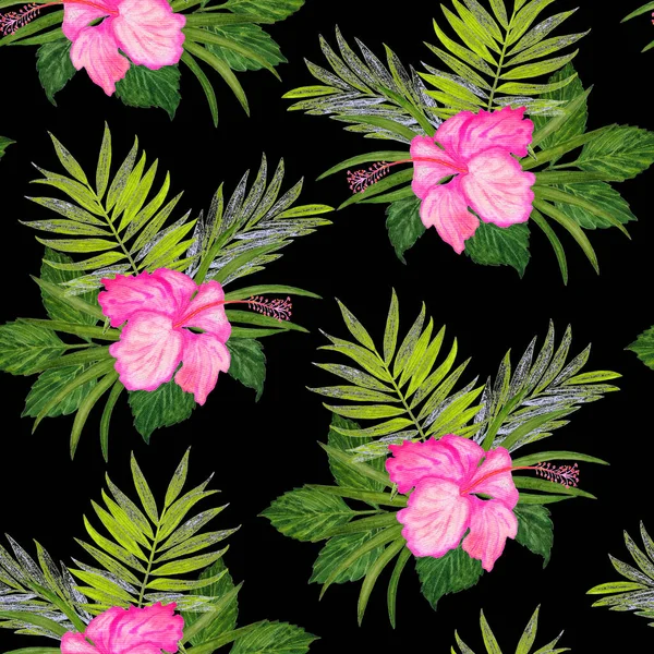 Гавайский Бесшовный Цветочный Узор Акварелью Тропических Листьев Цветов Черном Экзотический — стоковое фото