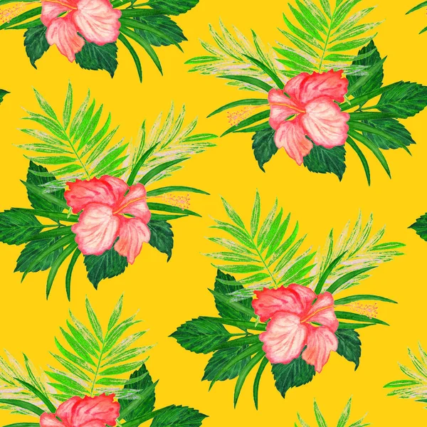 Hawaiian Blommigt Sömlöst Mönster Med Akvarell Tropiska Blad Och Blommor — Stockfoto