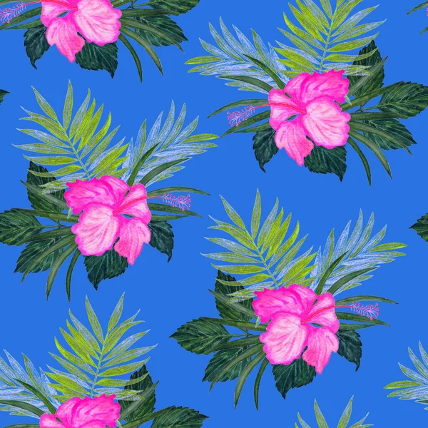 Hawaiian Floral Seamless Pattern Watercolor Tropical Leaves Flowers Exotic Hibiscus — Stock Photo, Image