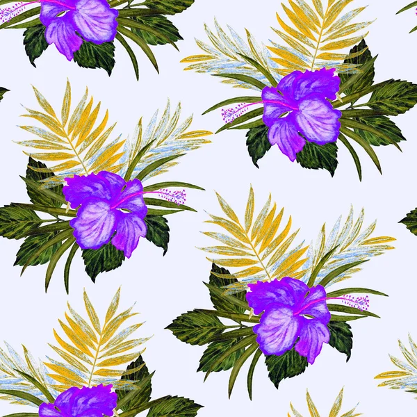 Hawaiian Floral Seamless Pattern Watercolor Tropical Leaves Flowers Exotic Hibiscus — Stock Photo, Image