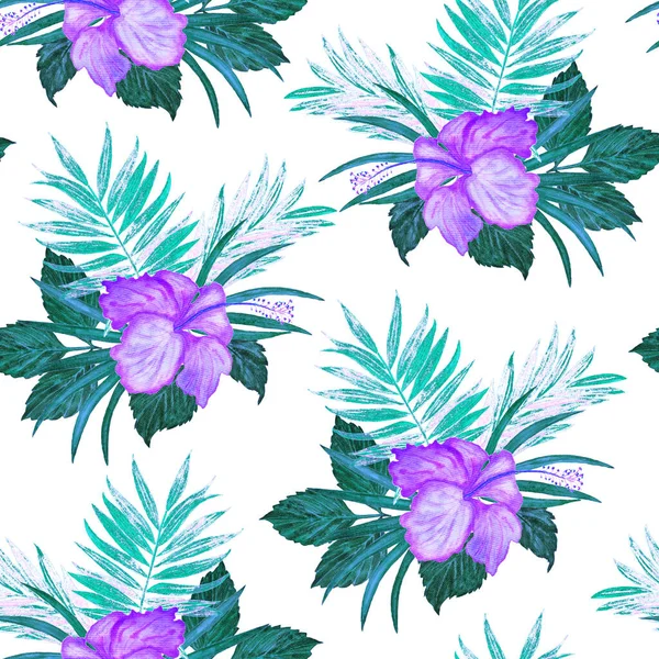 Hawaiian Floral Seamless Pattern Watercolor Tropical Leaves Flowers Exotic Hibiscus — Stock Photo, Image