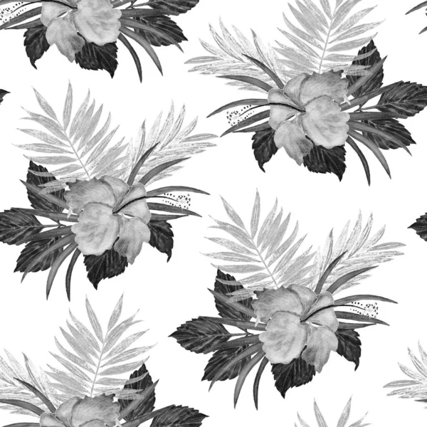 Hawaiian Floral Seamless Monochrom Pattern Watercolor Tropical Leaves Flowers Exotic — Stock Photo, Image