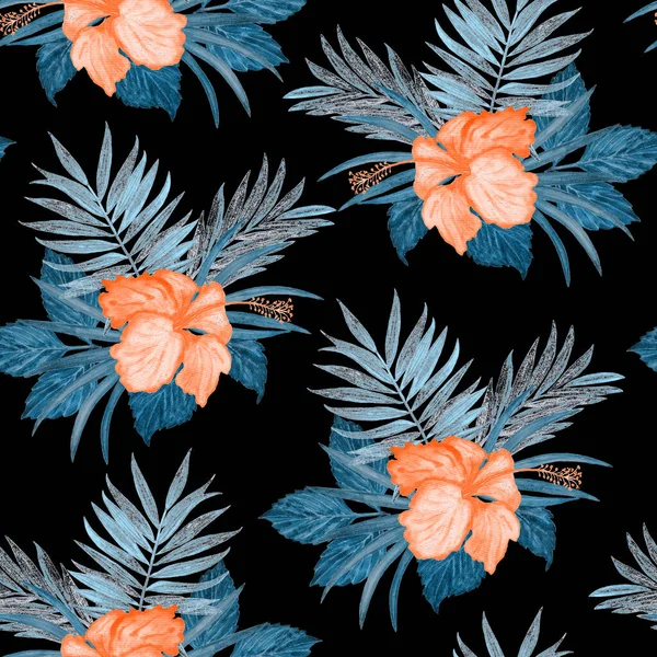 夏威夷植物无缝图案 水彩斑斓的热带叶和花呈黑色 异型芙蓉 热带夏季印刷品 — 图库照片