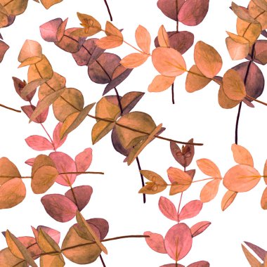 Okaliptüs dallı dikişsiz suluboya desen. Yaprak arkaplan. Çiçek mahsulü dekorasyon. Her türlü tasarım için kullanılabilir..