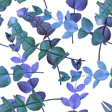 Okaliptüs dallı dikişsiz suluboya desen. Yaprak arkaplan. Çiçek mahsulü dekorasyon. Her türlü tasarım için kullanılabilir..