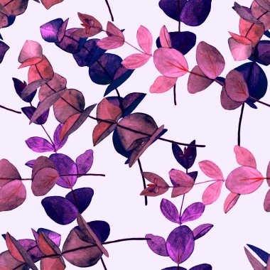 Okaliptüs dallı dikişsiz suluboya desen. Yaprak arkaplan. Çiçek mahsulü dekorasyon. Her türlü tasarım için kullanılabilir..