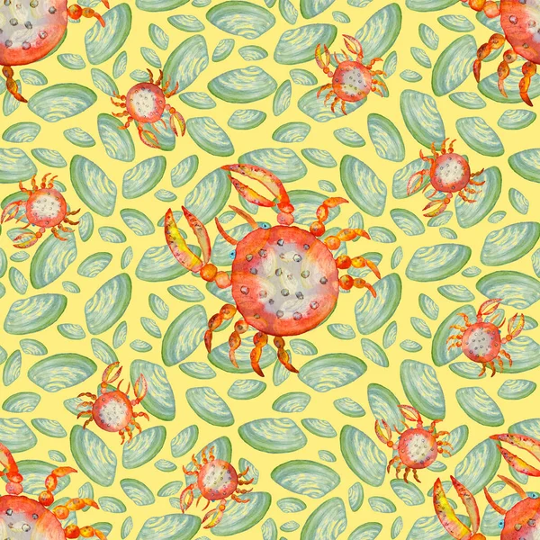 Watercolor seamless pattern with sea crabs. Summer exotic animal print. Can be used for any kind of design. — Stock Image Watercolor Seamless Pattern Sea Crabs Summer Exotic Animal Print Can Stock Image