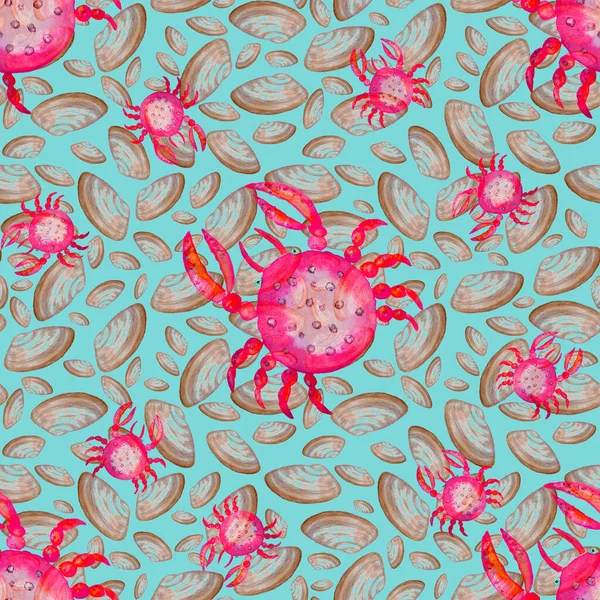 Watercolor seamless pattern with sea crabs. Summer exotic animal print. Can be used for any kind of design. — Stock Image Watercolor Seamless Pattern Sea Crabs Summer Exotic Animal Print Can Royalty Free Stock Images
