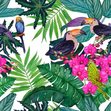 Tropik çiçekli, yapraklı ve kuşlu suluboya desenli. Hawaii yaz baskısı. Egzotik orman hayvanı çizimi.