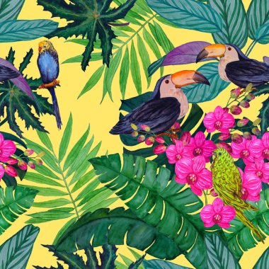 Tropik çiçekli, yapraklı ve kuşlu suluboya desenli. Hawaii yaz baskısı. Egzotik orman hayvanı çizimi.