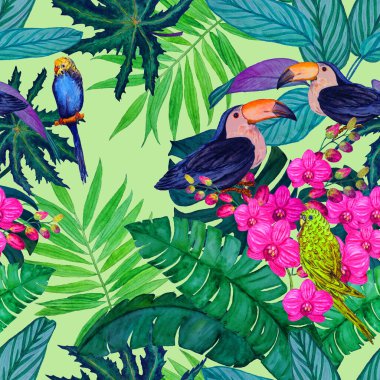 Tropik çiçekli, yapraklı ve kuşlu suluboya desenli. Hawaii yaz baskısı. Egzotik orman hayvanı çizimi.