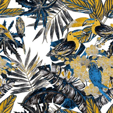 Tropik çiçekler, yapraklar ve kuşlarla suluboya kusursuz altın desenler. Hawaii yaz baskısı. Egzotik orman hayvanı çizimi.