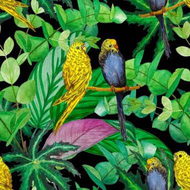 Suluboya orman yaprakları ve muhabbet kuşlarıyla tropik, pürüzsüz bir desen. Hawaii yaz tropik illüstrasyonları. Egzotik doğal baskı..