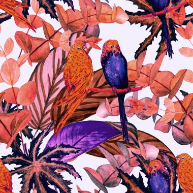 Suluboya orman yaprakları ve muhabbet kuşlarıyla tropik, pürüzsüz bir desen. Hawaii yaz tropik illüstrasyonları. Egzotik doğal baskı..