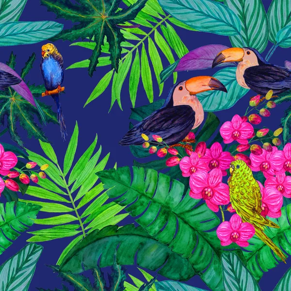 熱帯の花 葉や鳥と水彩シームレスパターン ハワイの夏の印刷 エキゾチックなジャングルの動物のイラスト — ストック写真