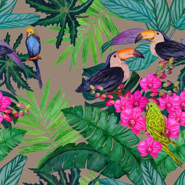水彩斑斓的图案 热带花 树叶和鸟 夏威夷夏季印刷品 奇异的丛林动物图解 — 图库照片
