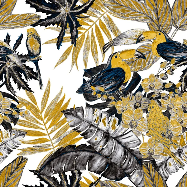 Watercolor seamless golden pattern with tropical flowers, leaves and birds. Hawaiian summer print. Exotic jungle animal illustration.
