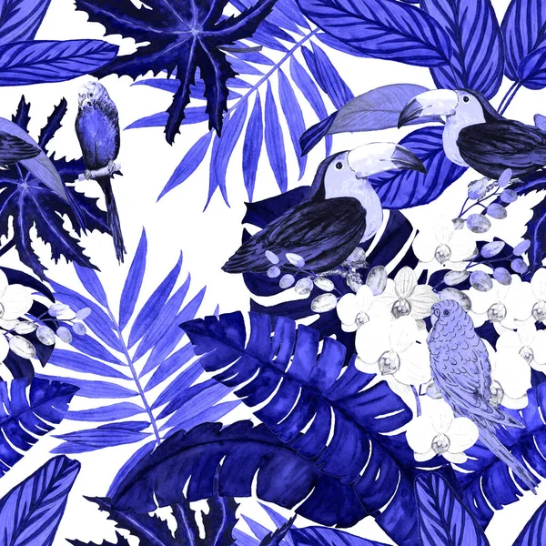 Акварельні Кольори Тропічними Квітами Листям Птахами Монохром Гавайське Літо Екзотичні — стокове фото