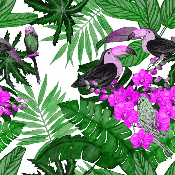 水彩斑斓的图案 热带花 树叶和鸟 夏威夷夏季印刷品 奇异的丛林动物图解 — 图库照片
