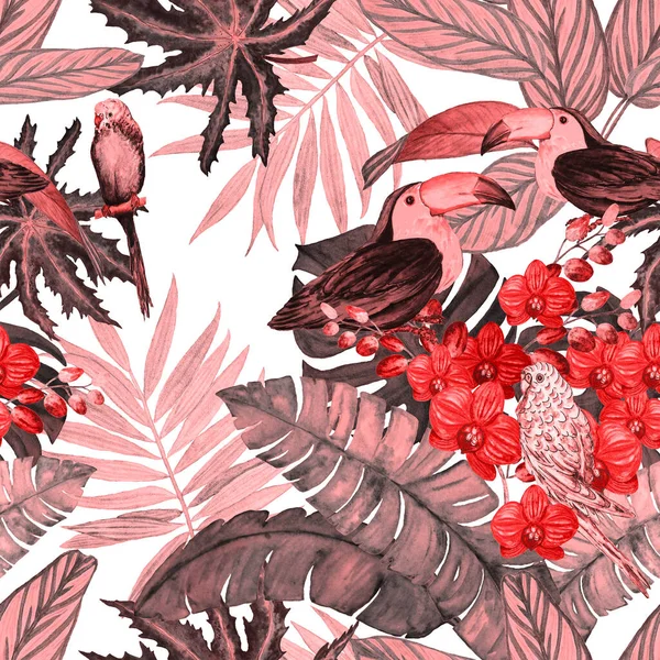 Акварель Бесшовный Узор Тропическими Цветами Листьями Птицами Гавайская Летняя Печать — стоковое фото